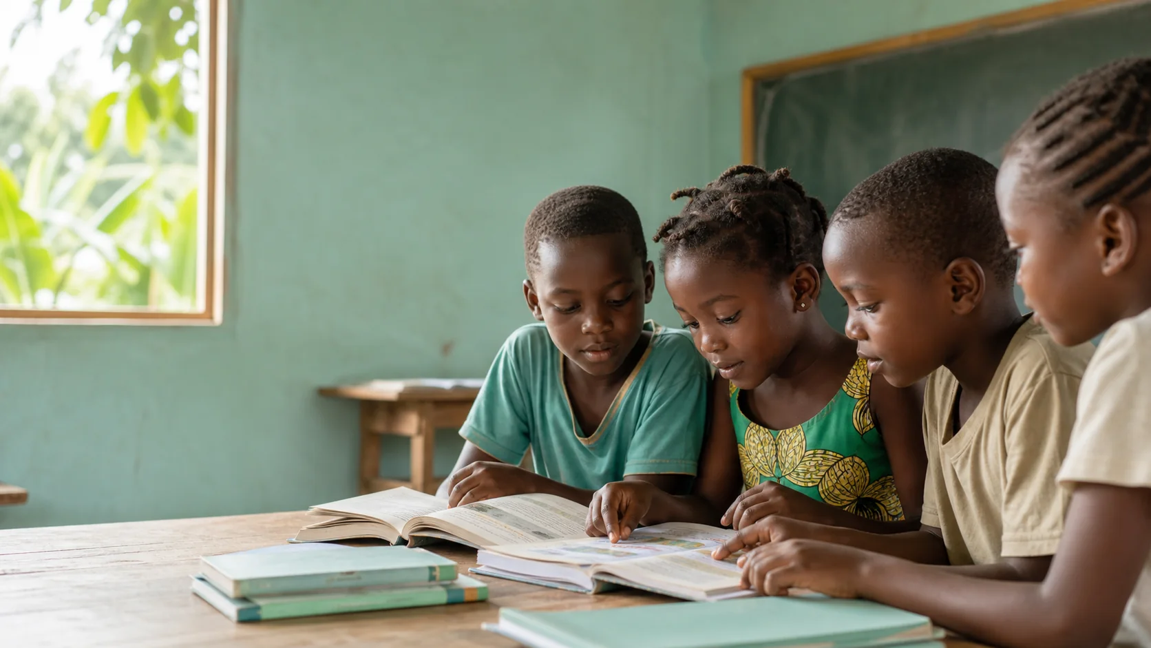 Illustration institutionnelle d’enfants apprenant ensemble avec des manuels scolaires