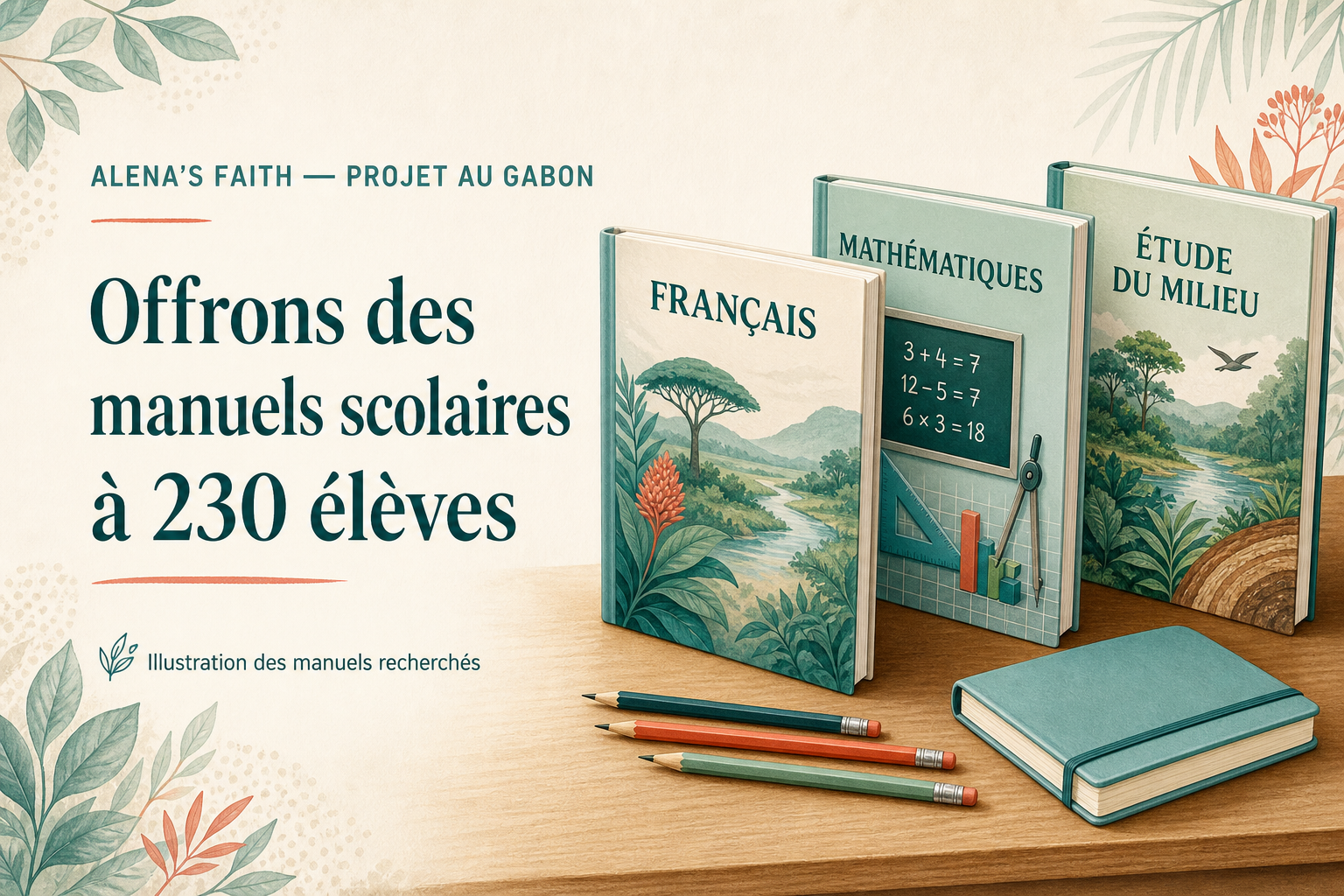 campagne-manuels-gabon-v1 Illustration de trois manuels scolaires pour la campagne solidaire d’ALENA’S FAITH au Gabon